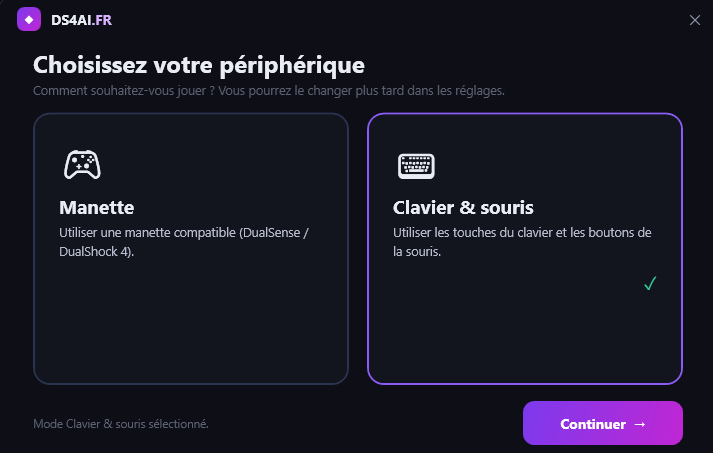 Écran de sélection DS4 AI avec les choix Manette et Clavier & souris