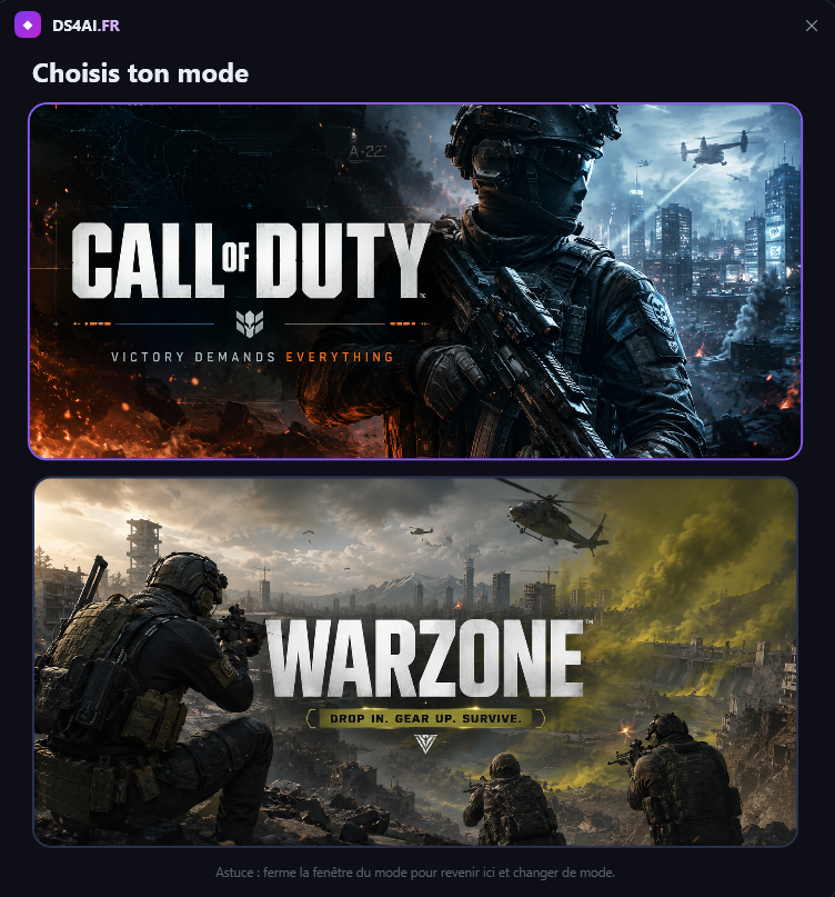 Écran de sélection DS4 AI avec les modes Call of Duty et Warzone